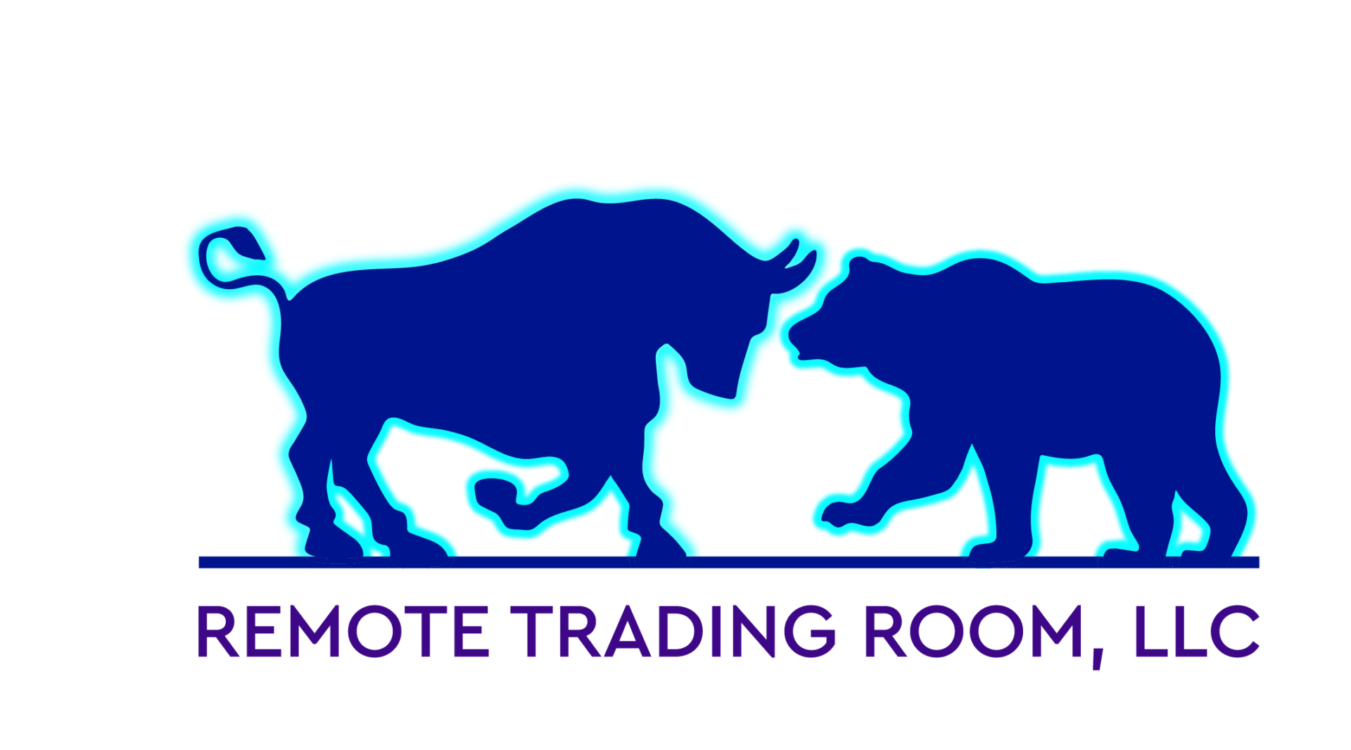A blue bull and bear are in front of the words remote trading room.